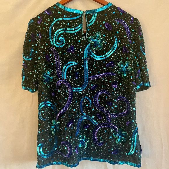 Lawrence Kazar VTG Womens Silk Beaded Sequin Blouse Size Large Black Blue Purple - Picture 5 of 13